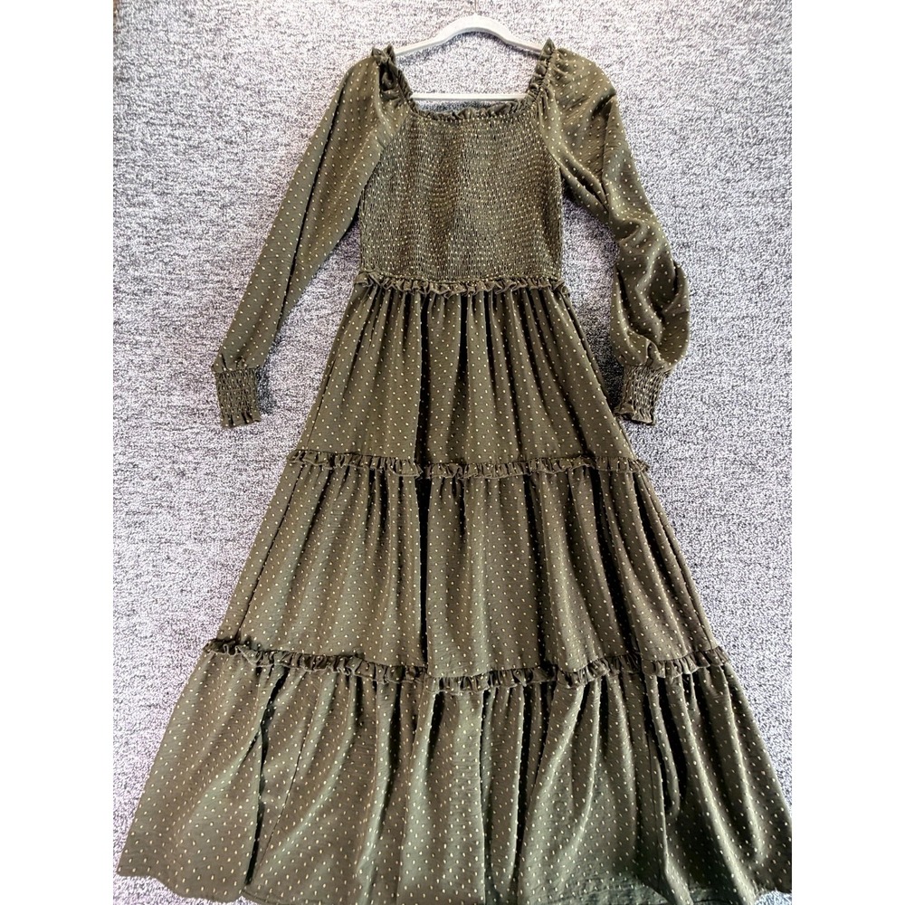 Womens Tiered Maxi Dress Olive Green Swiss Dots Smocked Puff Sleeve Ruffle Hem